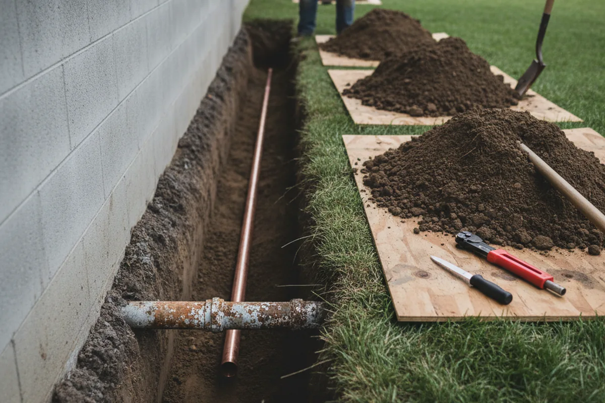 Excavated water line trench during Sewer Line Repair in Iron City